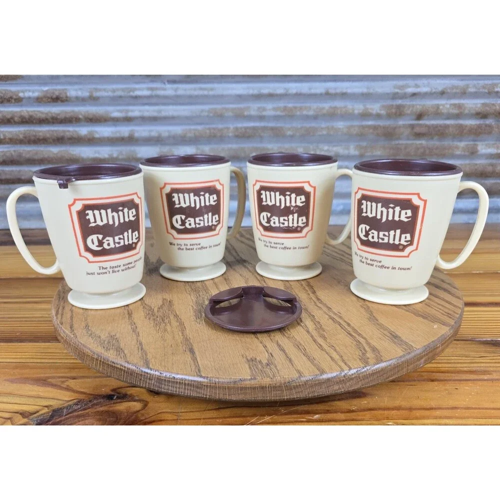 Vtg White Castle Restaurant Travel Sipper Coffee Mug 12 Oz Lot of 4 Whirley HTF!